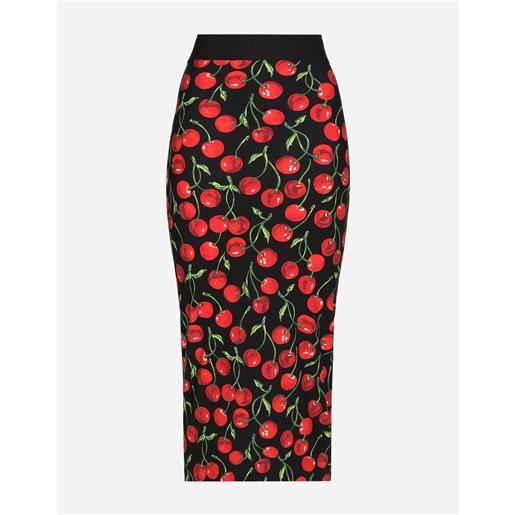 Dolce & Gabbana technical jersey calf-length skirt with elasticated band with logo and cherry print