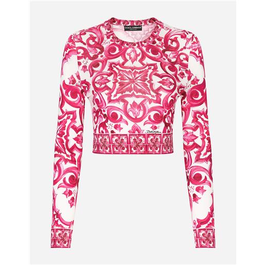 Dolce & Gabbana maglia cropped in seta stampa maiolica