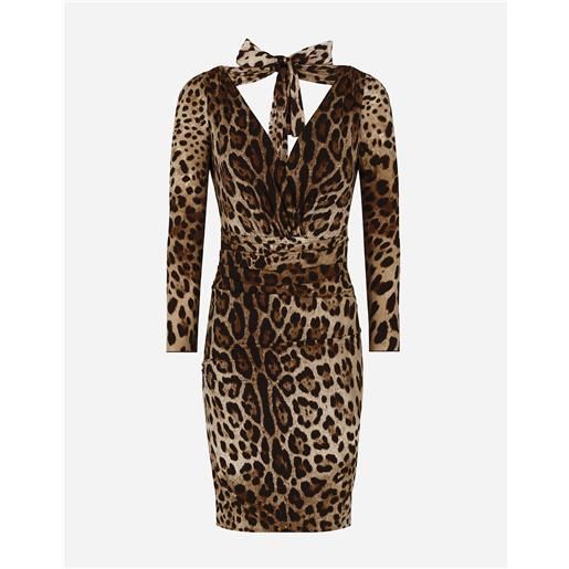 Dolce & Gabbana abito corto in charmeuse stampa leopardo con fiocco