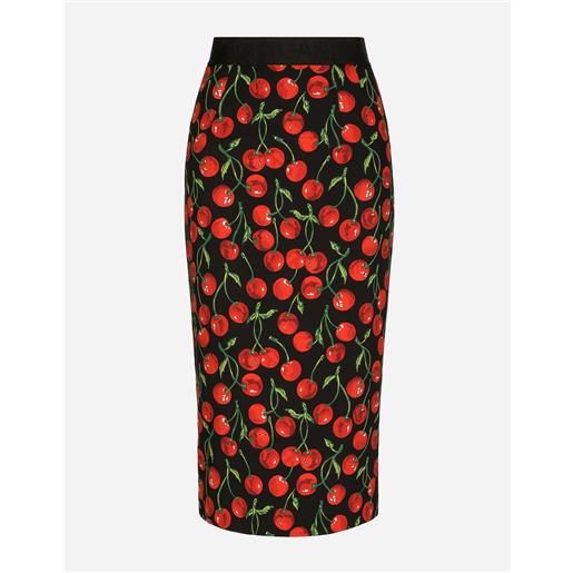 Dolce & Gabbana high-waisted charmeuse calf-length skirt with cherry print