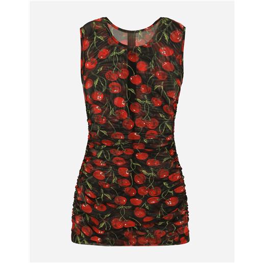 Dolce & Gabbana sleeveless tulle top with cherry print and draping