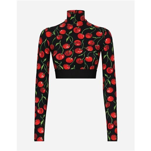 Dolce & Gabbana cherry-print technical jersey turtle-neck top with branded elastic