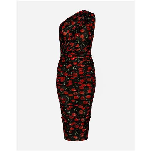 Dolce & Gabbana one-shoulder tulle midi dress with cherry print and draping