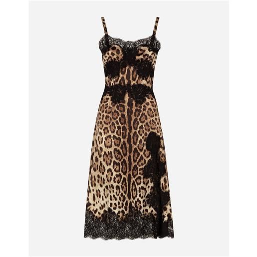 Dolce & Gabbana abito lingerie midi in raso stampa leopardo con bordi in pizzo