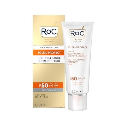 RoC - soleil-protect fluido comfort ad alta tolleranza spf 50 - crema idratante viso - protezione solare ipoallergenica - pelle sensibile - 50 ml