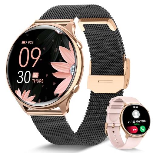 RUXINGX smartwatch donna con chiamate whatsapp, hd schermo orologio smartwatch con monitoraggio ciclo/120 sport/24h cardiofrequenzimetro/spo2/sonno, fitness tracker ip68 per ios android oro nero