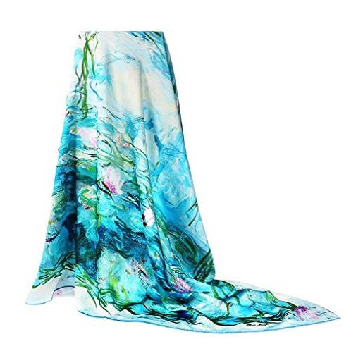 prettystern foulard quadrato donna seta grande xl 110cm quadrata stola raso seta pura elegante arte colorata claude monet il ponte giapponese p691