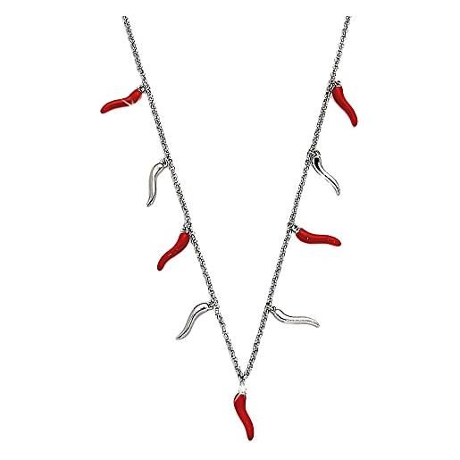 Beloved ❤️ collana in acciaio con cornetti portafortuna pendenti - catenina lunghezza regolabile - in acciaio inossidabile - cornetti colore silver e smalto rosso
