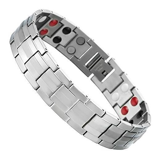 COOLSTEELANDBEYOND color argento bracciale da uomo, braccialetto acciaio, terapia magneti germanio, strumento di rimozione collegamento