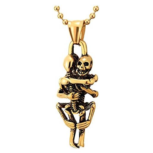 COOLSTEELANDBEYOND uomo donna colore oro abbracciare cranio teschio scheletro osseo ciondolo, collana con pendente, acciaio, catena 60cm