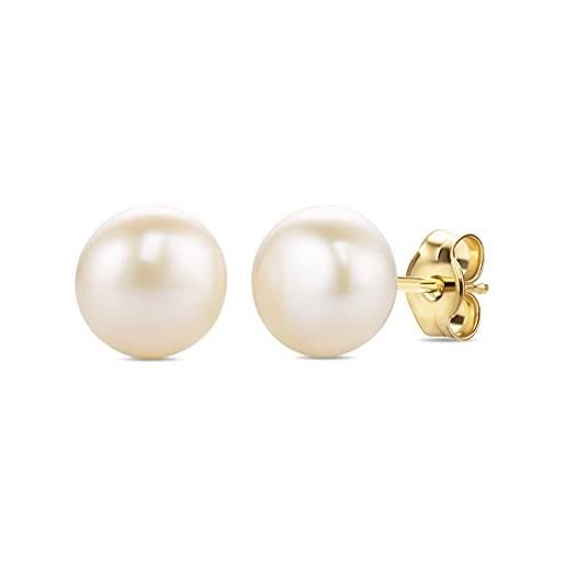 Orovi orecchini perle in oro giallo, oro vero 9kt 375 orecchini donna piccoli a lobo perle vere coltivate d'acqua dolce, bottone anallergico perno in oro chiusura a farfalla a pressione. 