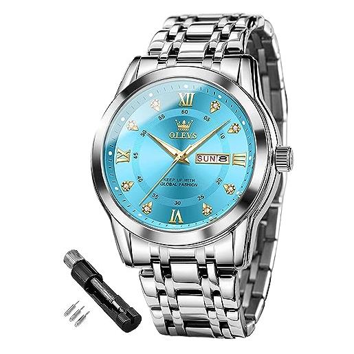 OLEVS orologi da uomo oro blu acciaio inossidabile orologio da uomo con diamante viso al quarzo impermeabile casual elegante regalo, 5513: argento/blu
