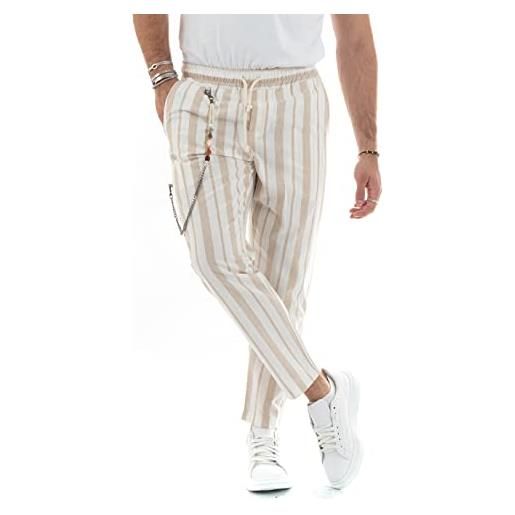 Giosal pantalone uomo lungo rigato elastico in vita coulisse casual cotone leggero made in italy (m, beige)