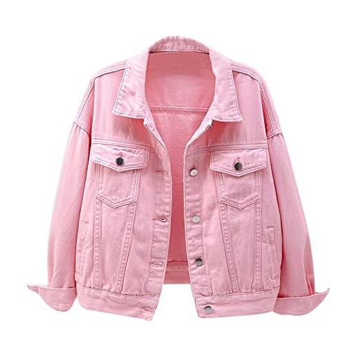 Saklifuo giacca di jeans casual tinta unita basic manica lunga giacca di jeans cappotto, rosa, 4xl