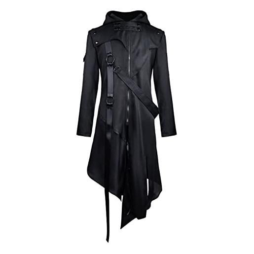 sutelang lurryly uomo vintage gotico steampunk cappotto splice cerniera cintura con cappuccio manica lunga vestito giacca compatibile con moto pelle nero uomo