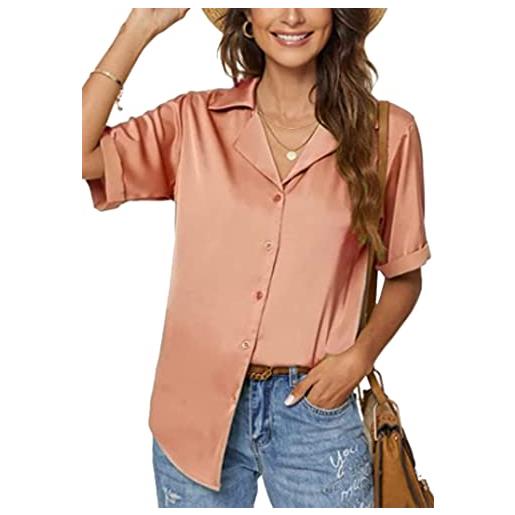 EFOFEI donna camicetta raso camicie manica corta top bottoming camicia pulsante scollo v camicia rosa s
