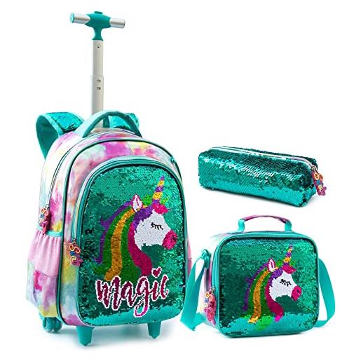IvyH zaino unicorno per ragazze zaino trolley, set di 3 pezzi zaino paillettes zaino con ruote borsa pranzo e astuccio zaino scuola elementare media per bambini(verde)