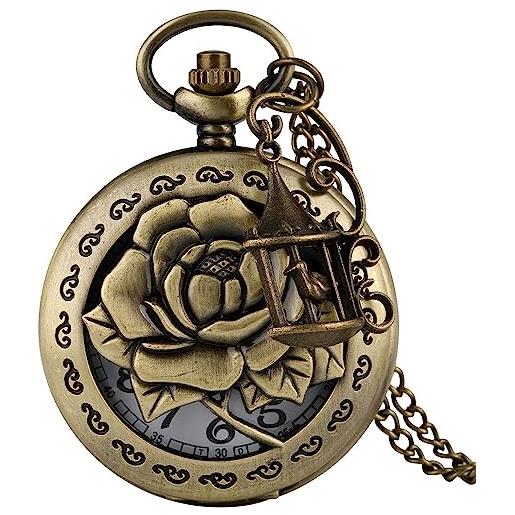 TJYXF orologio da taschino fiore in bronzo collana stile retrò orologio da taschino catena steampunk ciondolo orologio al quarzo fob orologio con accessorio (null roseflower)