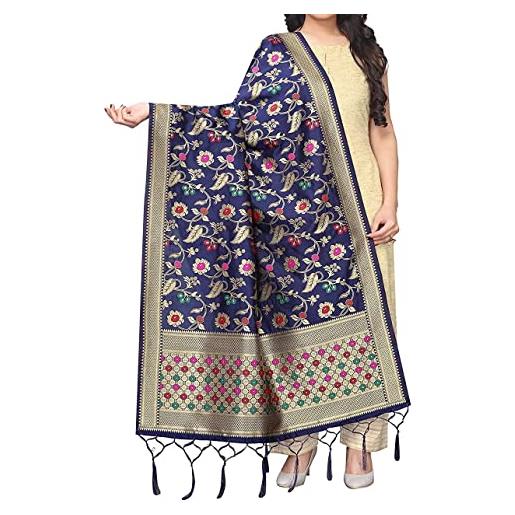 Indian Hawker dupatta - banarasi kora da donna, in seta, motivo floreale, con jhalar dupatta, blu