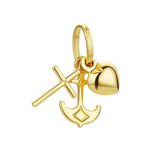 PRINS JEWELS - mini ciondolo a forma di croce, motivo: fede, amore, speranza, con cuore, in oro giallo 18 carati 750