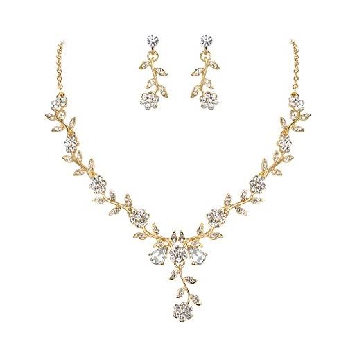 Clearine donna matrimonio gioielli set fiore foglia cluster goccia rotonda cristalli ciondolo collana orecchini pendenti set per sposa trasparente oro-fondo