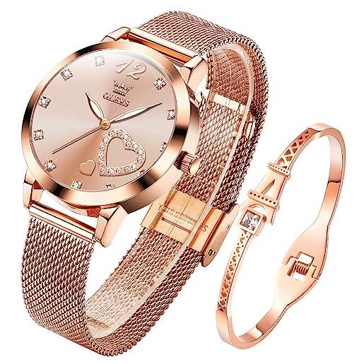 OLEVS orologio da donna in oro rosa con cuore diamante nero viso bianco quarzo impermeabile bracciale bracciale set orologi da polso per donna, 5189: rosa