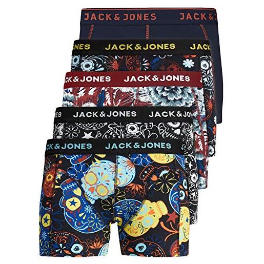 JACK & JONES boxer da uomo, set di 5, colore bianco, nero, blu e grigio, 95% cotone, taglie s, m, l, xl, xxl 12213221, (m, pack de 5 unidades print 3)