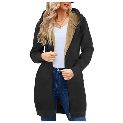 Nadeer felpe cappotto donna plain sherpa peluche zip up medio-lungo casual caldo pile coulisse donna felpa con cappuccio inverno manica lunga giacca con tasche outwear (nero, l)