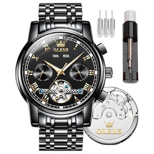 OLEVS automatic mechanical men watch, day-date-month-and-year automatic watch men, fashion stainless steel watch green&blue&black face