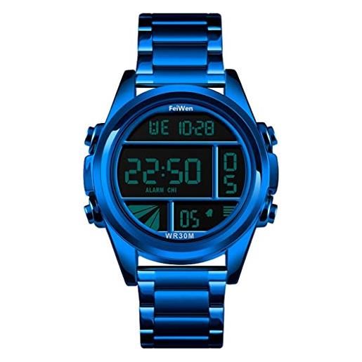 FeiWen uomo sport orologi led elettronico allarme cronometro outdoor multifunzione casual cool digitale acciaio inox orologio da polso ragazzo (blu)