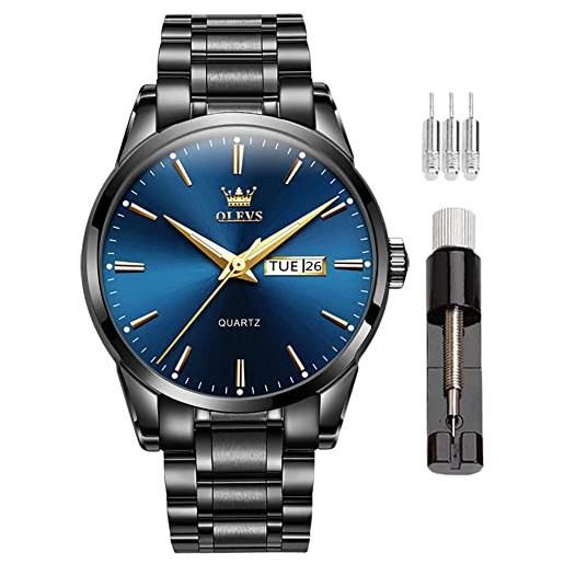 OLEVS orologio al quarzo analogico casual da uomo, orologio al quarzo di lusso minimalista con quadrante grande, nero-blu. , orologio vestito