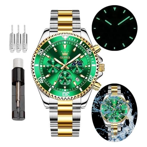 OLEVS green dial watches for men fashion analog quartz waterproof chronograph gold silver stainless steel watch business classic luxury big face luminous multifunction men wristwatches