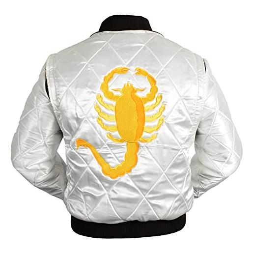 LP-FACON giacca da uomo ryan gosling drive-giacca trapuntata in raso bianco per uomo con logo scorpion ricamato stile camionista bomber uomo, bianco - giacca in raso, m