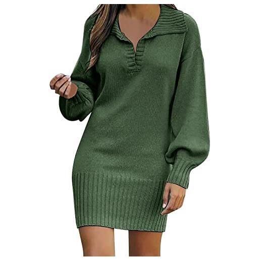 LOPILY maglia fuori vestito manica lunga delle donne alla moda maglione solido di media lunghezza vestito in lana vestito a maglia plus size midi maglione vestito, verde militare, s