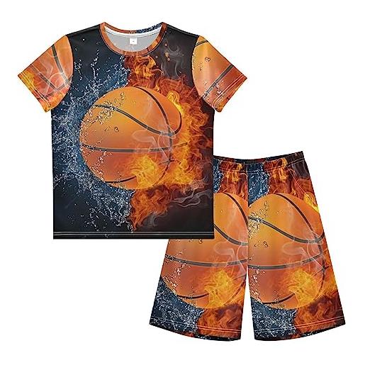 Anantty pigiama per ragazzi set palla da basket sul fuoco e acqua fiamma corta pigiama pigiama estivi manica corta set per bambini adolescenti, multicolore, 12-13 anni
