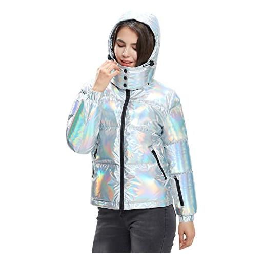Extreme Pop - giacca invernale da donna in piuma d'oca, con cappuccio, colore: argento (laser silver, s)