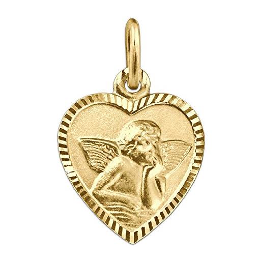 Clever schmuck - ciondolo in oro a forma di cuore, 11 x 10 mm, con angelo, classico, opaco con bordo lucido, diamantato, con scritta sul retro, vero oro 333 8 carati