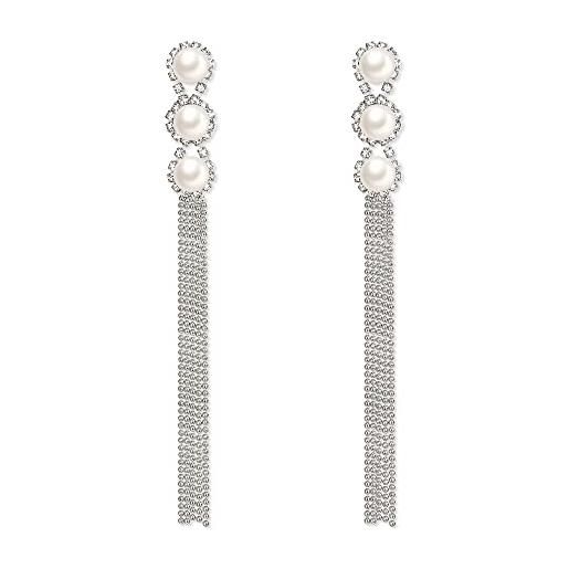 Clearine donna strass cristalli avorio simulato perla 3 catena lunga perline goccia sposa orecchini pendenti pendenti trasparente argento-fondo