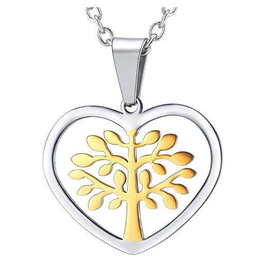 PROSTEEL donna collana pendente albero della vita cuore, catena regolabile, acciaio inossidabile/placcato oro 18k, bicolore argento oro(confezione regalo)