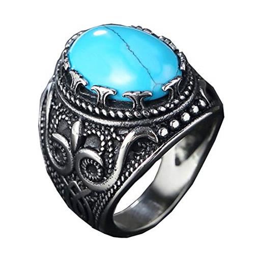 HIJONES vintage lusso ovale blu turchese pietre anello da uomo in acciaio inossidabile gotico intagliato modello argento taglia 22