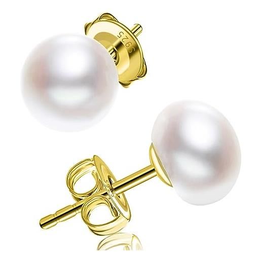 Zevmi orecchini di perle in argento 925 placcato oro per donne: 10mm borchie di perle bianche d'acqua dolce - orecchini di perle coltivate