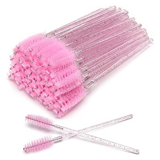 HUAXIYAN 50 pennelli usa e getta per ciglia e mascara, applicatori per ciglia e sopracciglia, kit di pennelli per trucco (rosa cristallo)