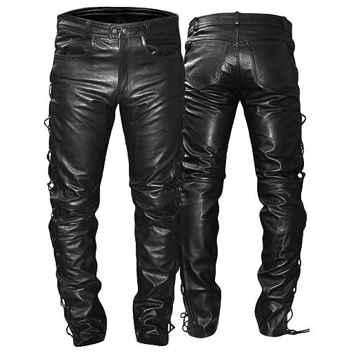 German Wear - pantaloni da moto in pelle con lateralmente lato lacci, nero, 60