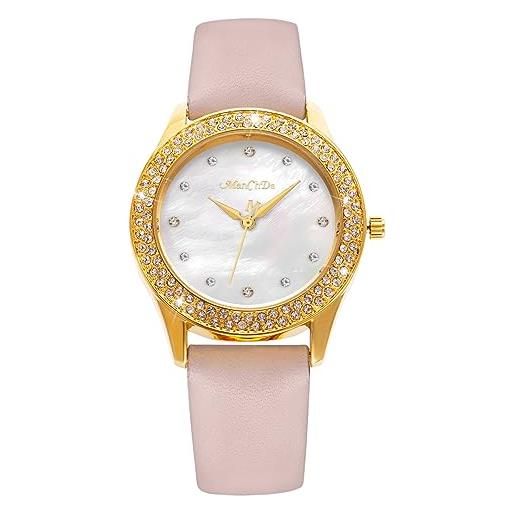 ManChDa orologio da donna con cristallo luccicante al quarzo analogico, orologio alla moda madre delle perle, cintura in pelle rosa