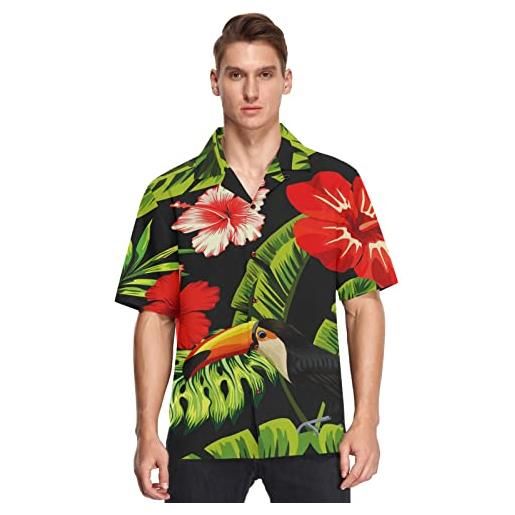 Anantty camicie hawaiane da uomo con foglie tropicali e uccelli tucano camicie da spiaggia abbottonate a maniche corte casual aloha camicie a maniche corte, multicolore, l