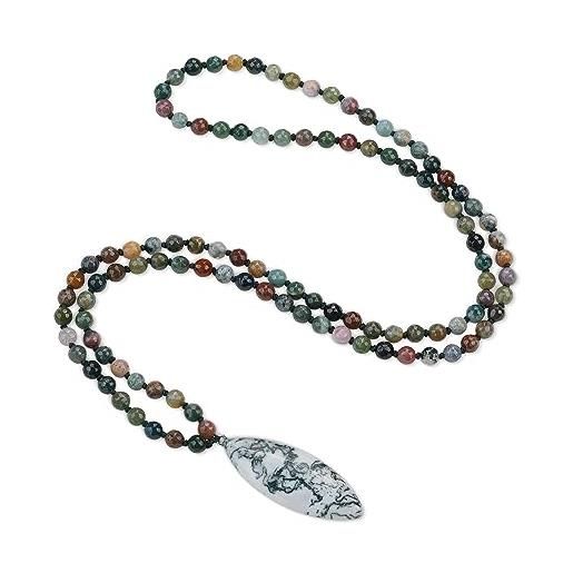 COAI collana rosario mala 108 perle di pietre naturali agata indiana annodate a mano con ciondolo foglia di agata muschiata