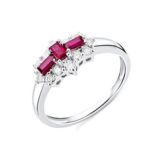 Miore anello da donna in oro bianco 9 carati 375 con rubini rossi 0,62 ct e 0,35 ct diamante a taglio brillante