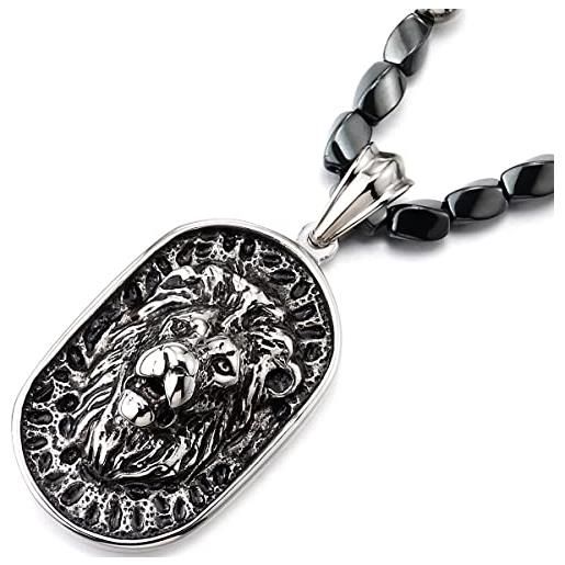 COOLSTEELANDBEYOND stile gotico uomo collana di perle ematite con testa di leone scudo pendente acciaio inossidabile, 67cm lungo