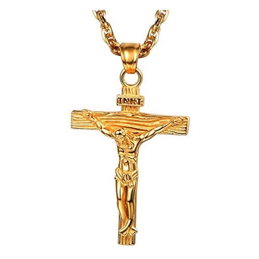 PROSTEEL collana pendente crocifisso cindolo di croce gesù inri cristo, placcato oro 18k, catena regolabile, gioiello cristiano religioso, oro (confezione regalo) default