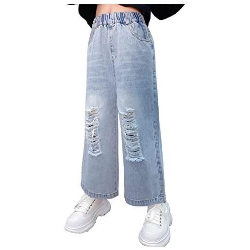 Happy Cherry - jeans in denim per ragazza pantaloni lunghi straight per bambina pantaloni dritto vintage elastico in vita per estate primavera autunno - 6-7 anni - blu